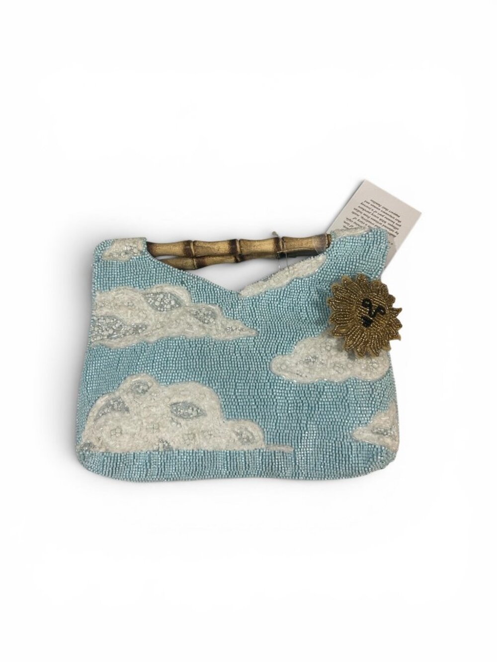 New Release Handcrafted in India Beaded Bag Clouds Sun Charm Bamboo Handles NWT